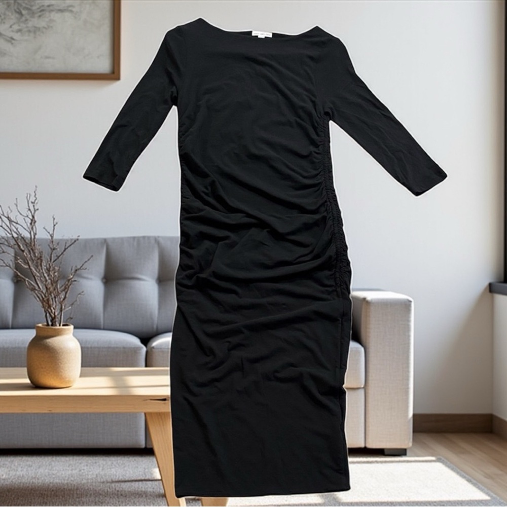 James Perse shirred boatneck bodycon Elegant Black Bodycon quarter Sleeve Dress - Picture 7 of 7